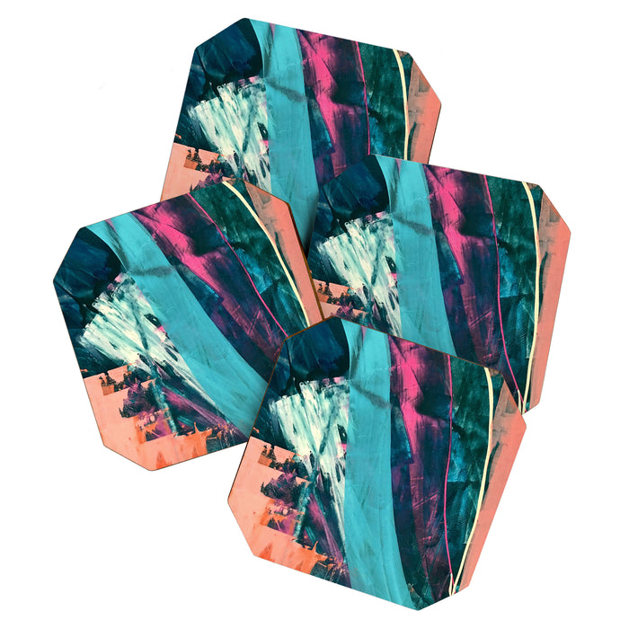 Wild [7]: a bold, colorful abstract mixed-media piece in teal, orange, neon blue, pink and white Coaster Gallery Image 1