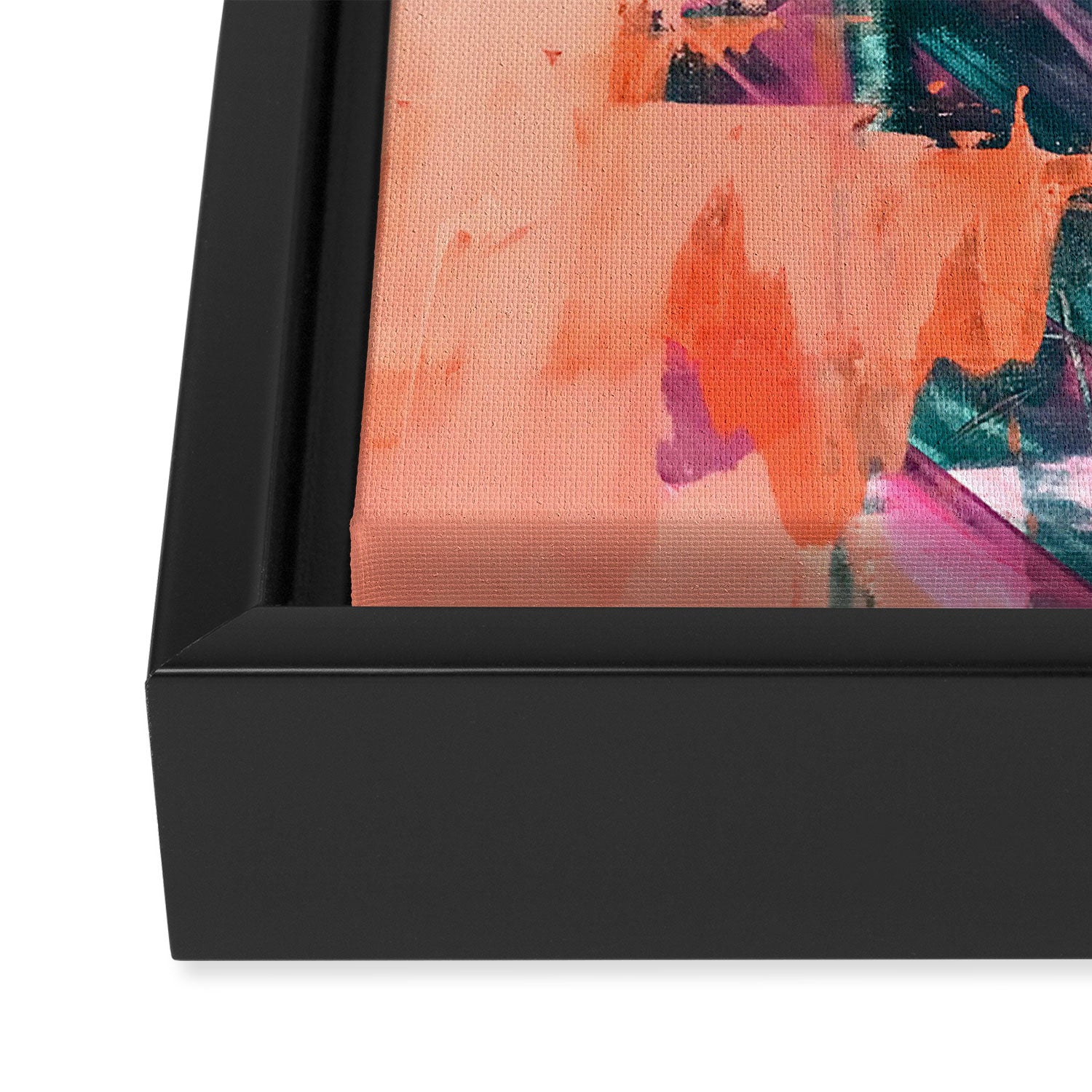 Wild [7]: a bold, colorful abstract mixed-media piece in teal, orange, neon blue, pink and white Framed Canvas Print Gallery Image 3