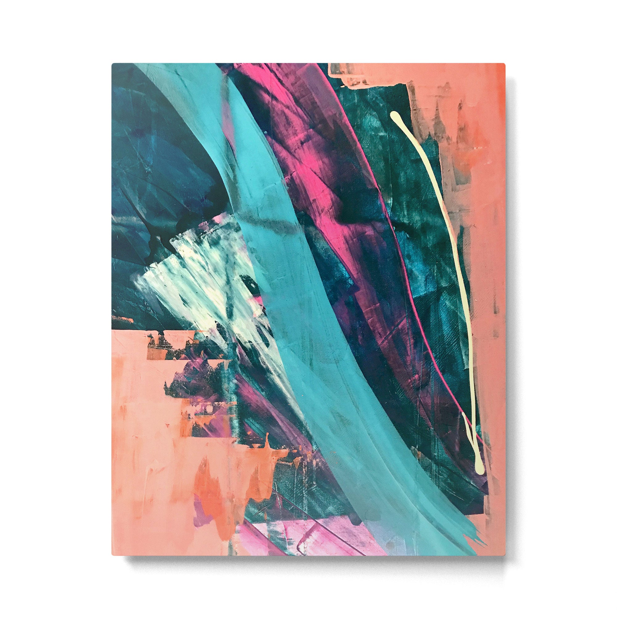 Wild [7]: a bold, colorful abstract mixed-media piece in teal, orange, neon blue, pink and white Metal Print Gallery Image 4
