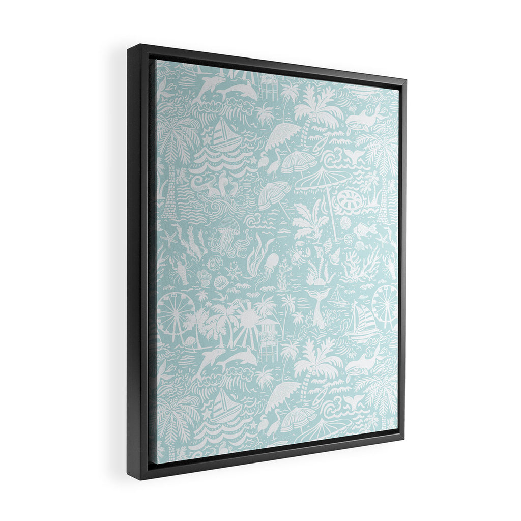 Coastal Daydream hand-drawn ocean collage pattern in mint Framed Canvas Print Gallery Image 2