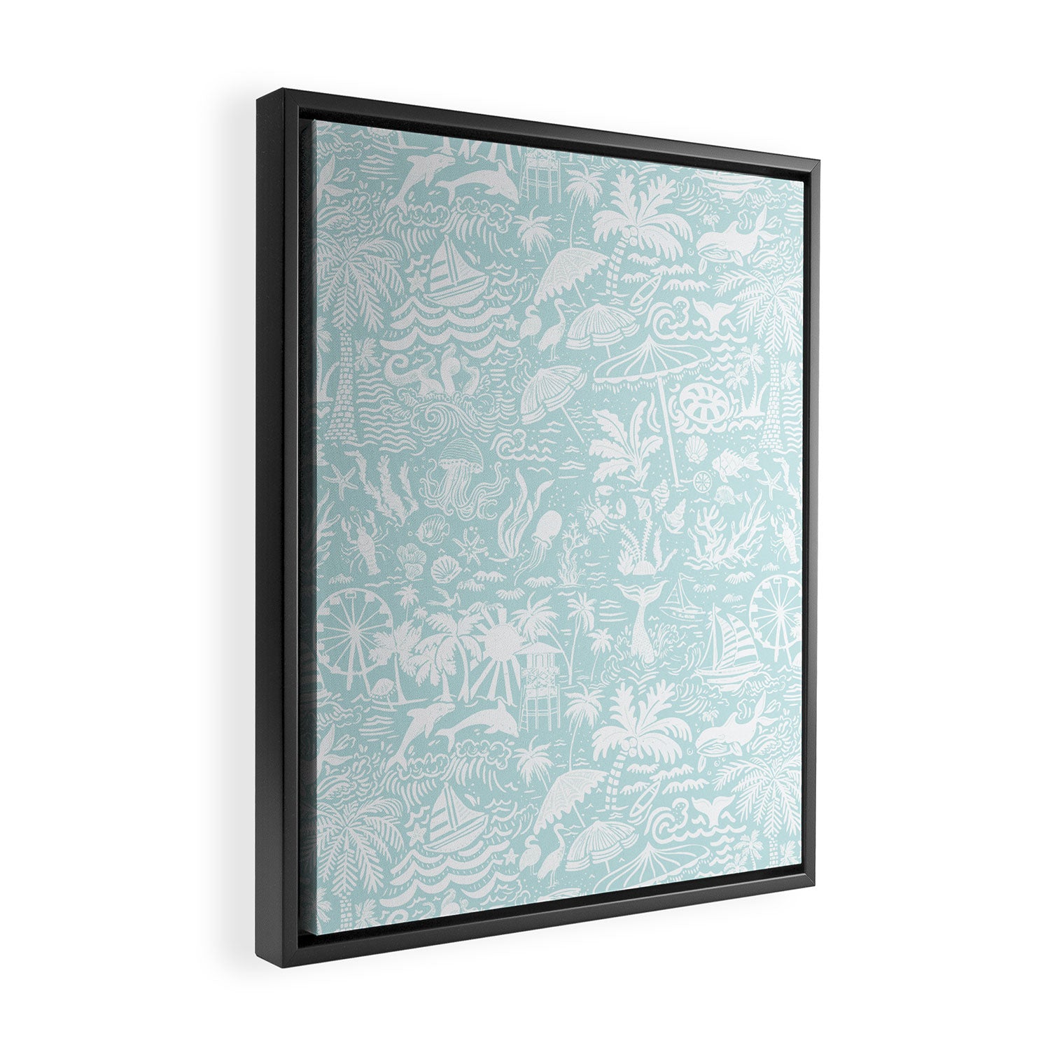 Coastal Daydream hand-drawn ocean collage pattern in mint Framed Canvas Print Gallery Image 2