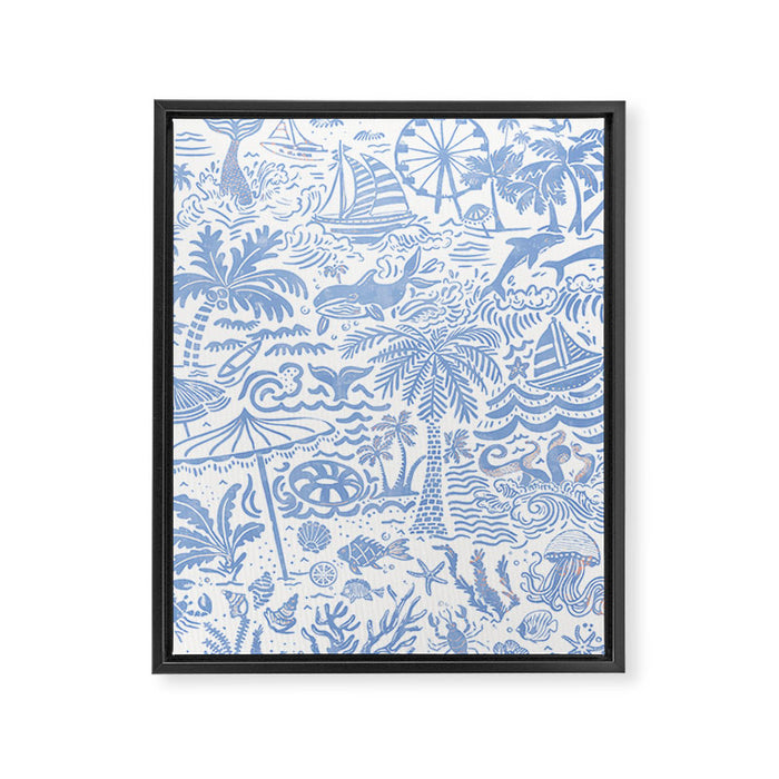 Coastal Daydreams Hand-Drawn Ocean Collage Pattern Framed Canvas Print Gallery Image 1