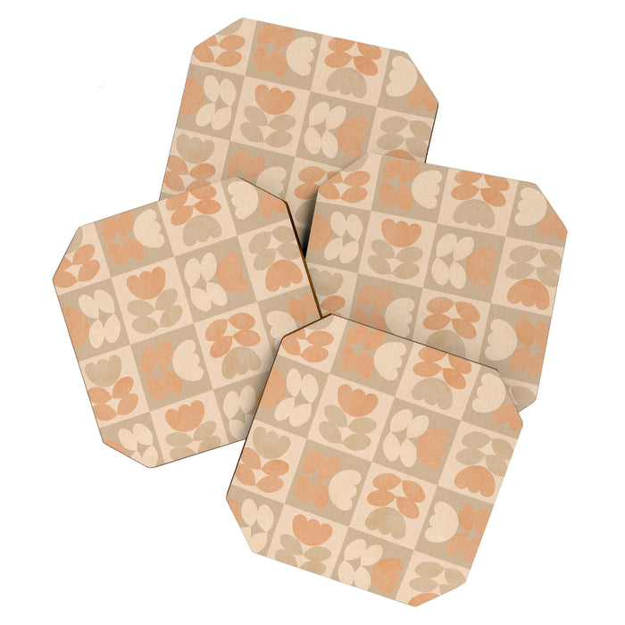 abstract retro shapes earthy checkered floral Coaster Gallery Image 1
