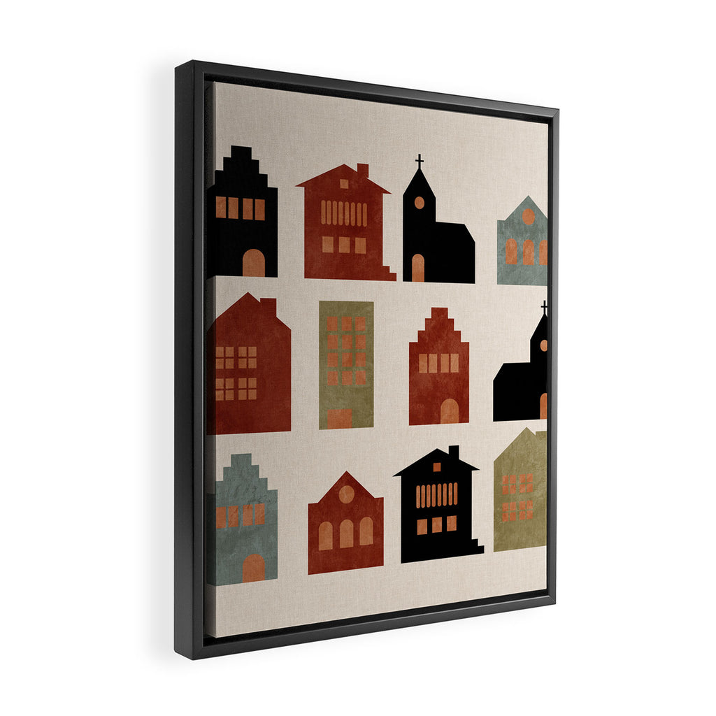 houses retro fall abstract geometric Framed Canvas Print Gallery Image 2