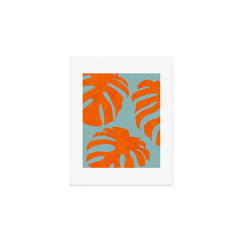 monstera leaves blue orange plant summer Art Print Gallery Image 1