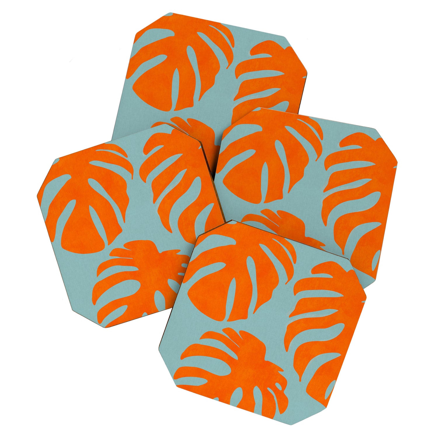 monstera leaves blue orange plant summer Coaster Gallery Image 1