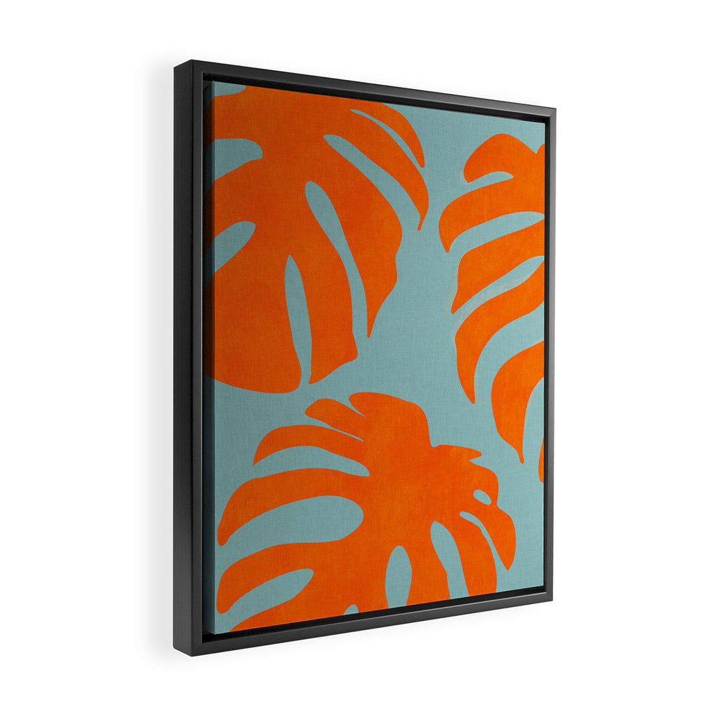 monstera leaves blue orange plant summer Framed Canvas Print Gallery Image 2