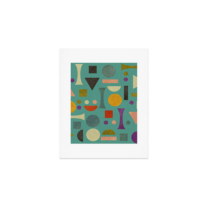 Playful Bauhaus geometric shapes on turquoise Art Print Gallery Image 1