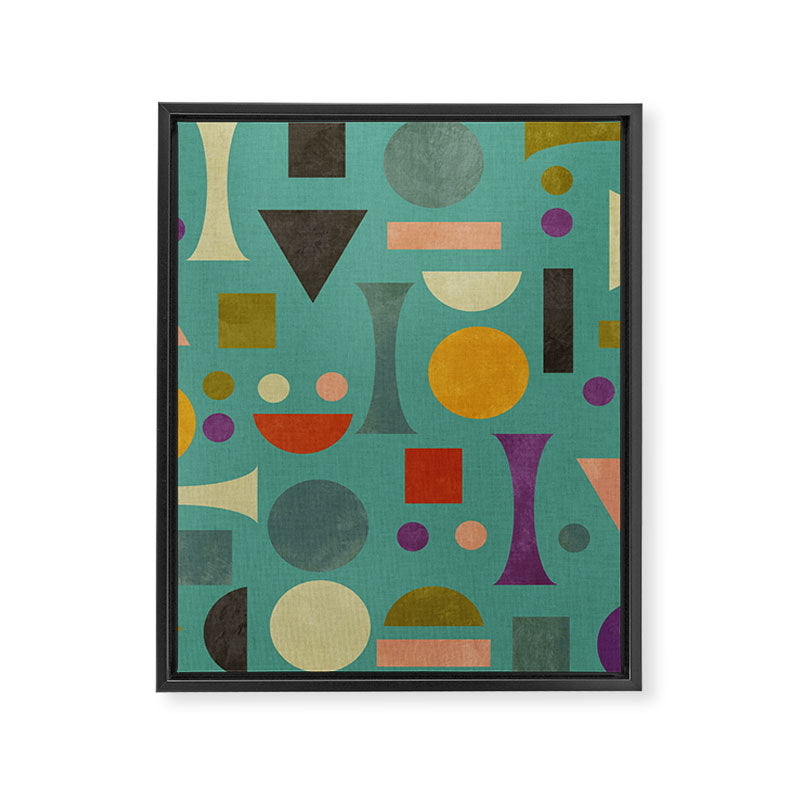 Playful Bauhaus geometric shapes on turquoise Framed Canvas Print Gallery Image 8