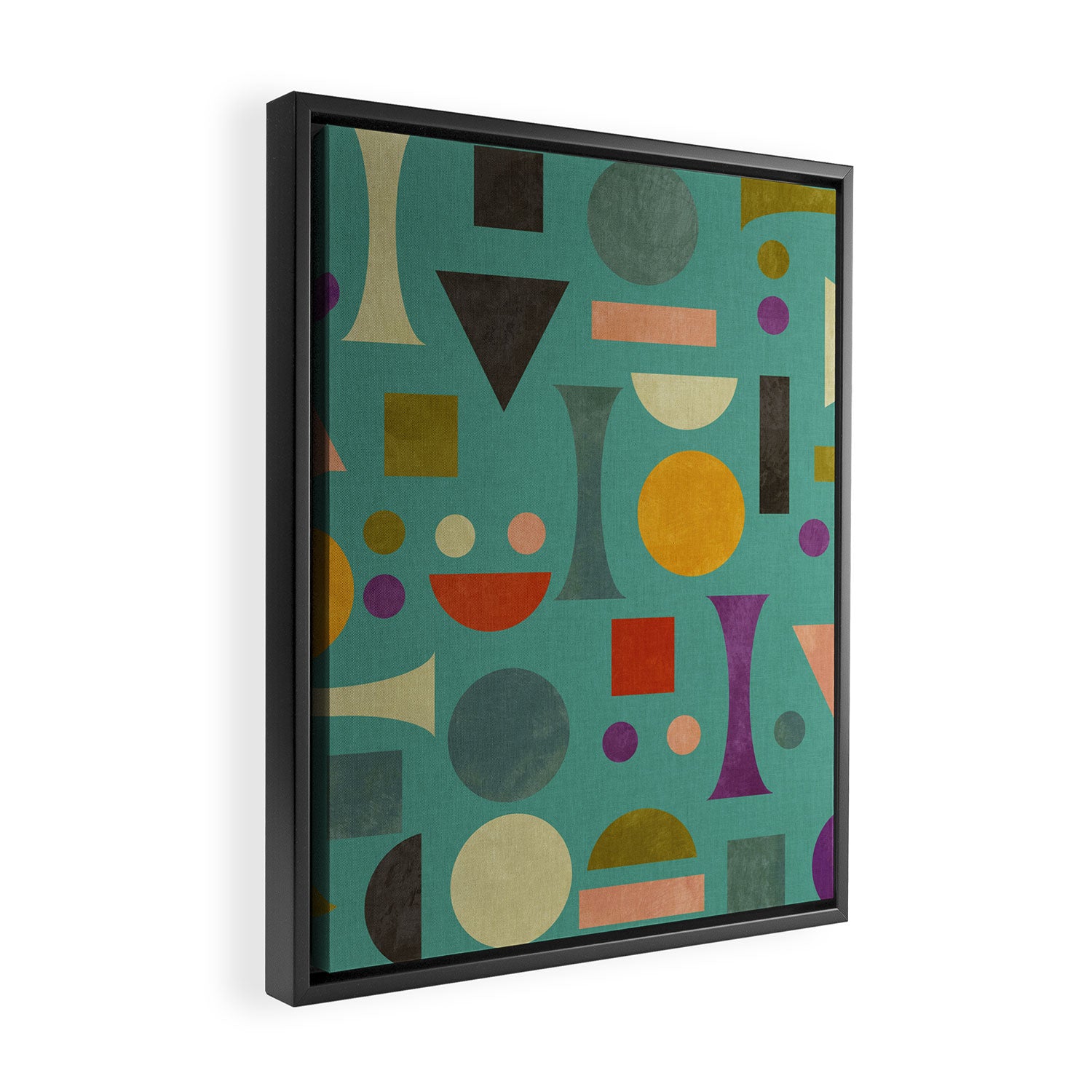 Playful Bauhaus geometric shapes on turquoise Framed Canvas Print Gallery Image 2
