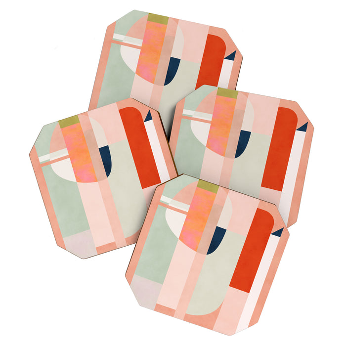 shapes modern mid-century peach pink coral mint Coaster Gallery Image 1