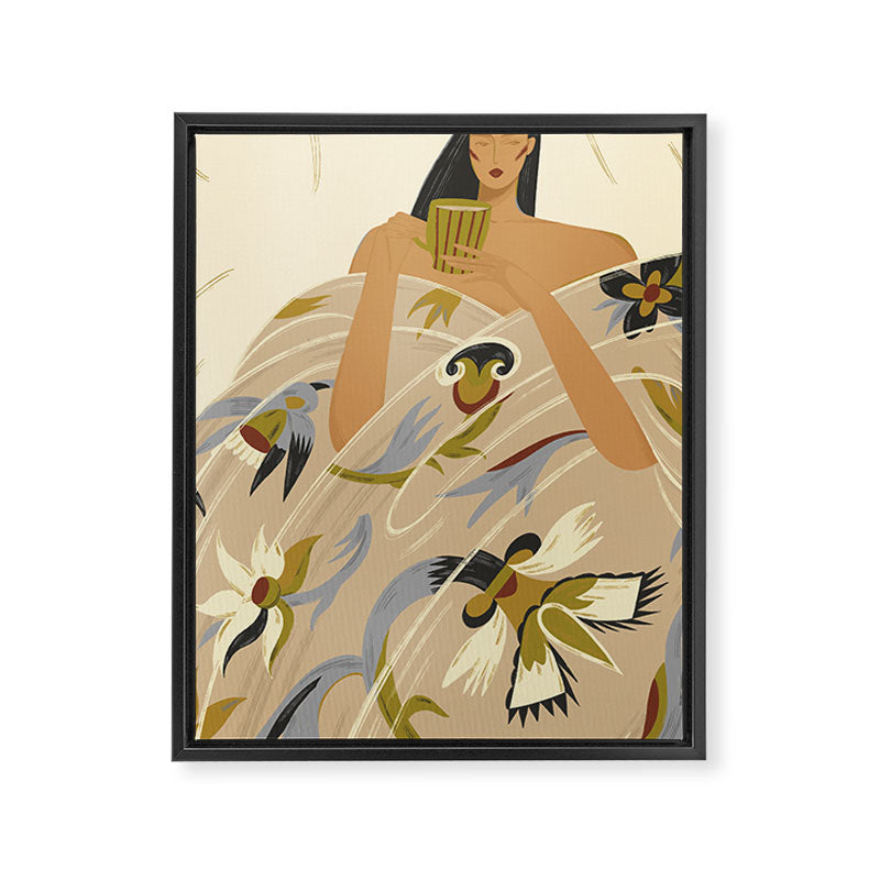  a girl in a blanket with a cup Framed Canvas Print Gallery Image 6