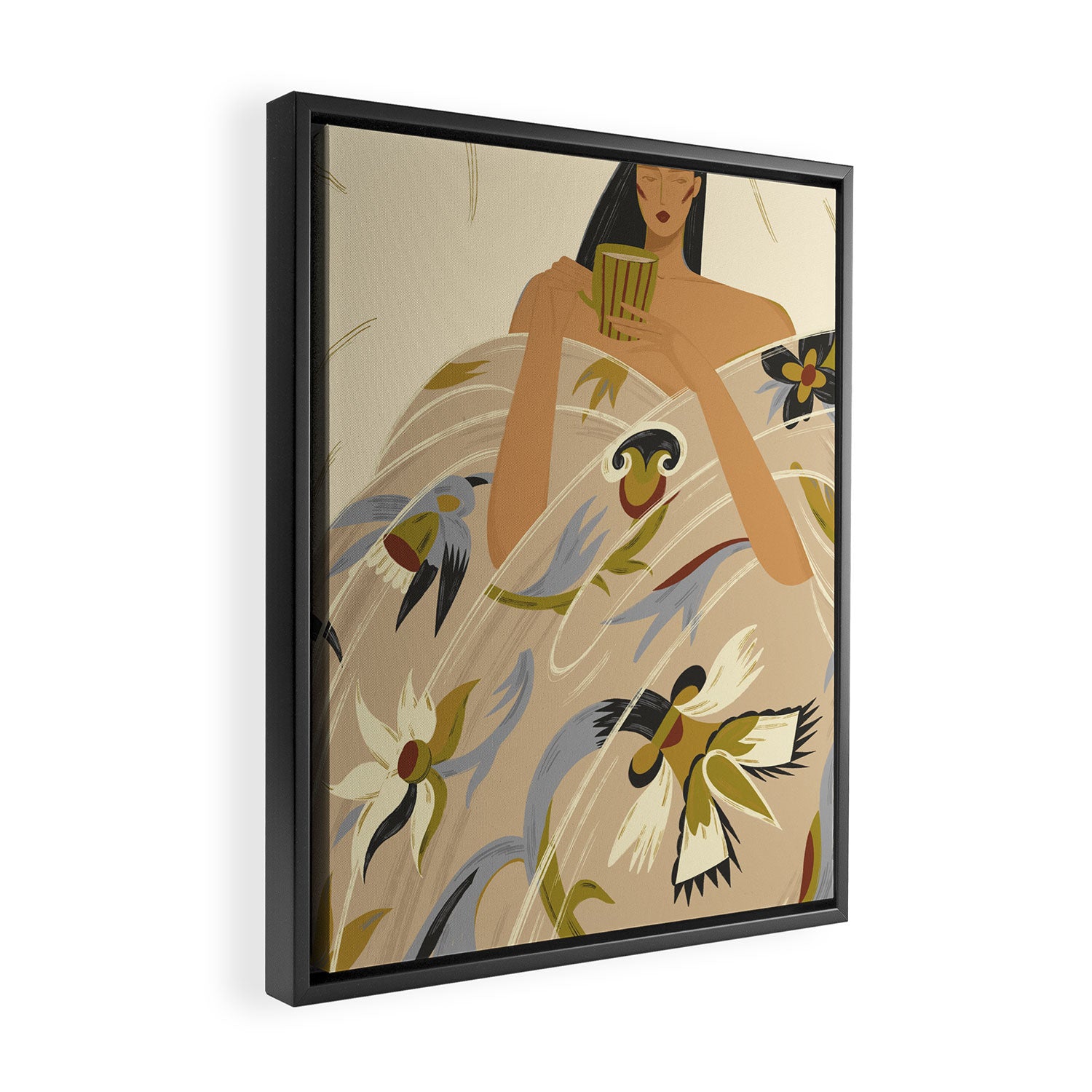  a girl in a blanket with a cup Framed Canvas Print Gallery Image 2