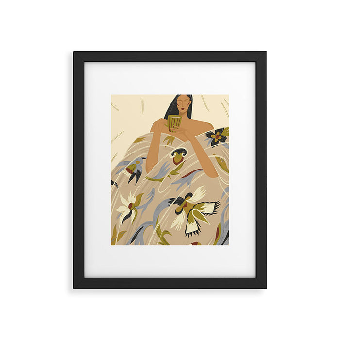  a girl in a blanket with a cup Framed Art Print Gallery Image 1