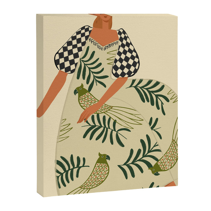 a girl in a dress with parrots Canvas Print Gallery Image 1