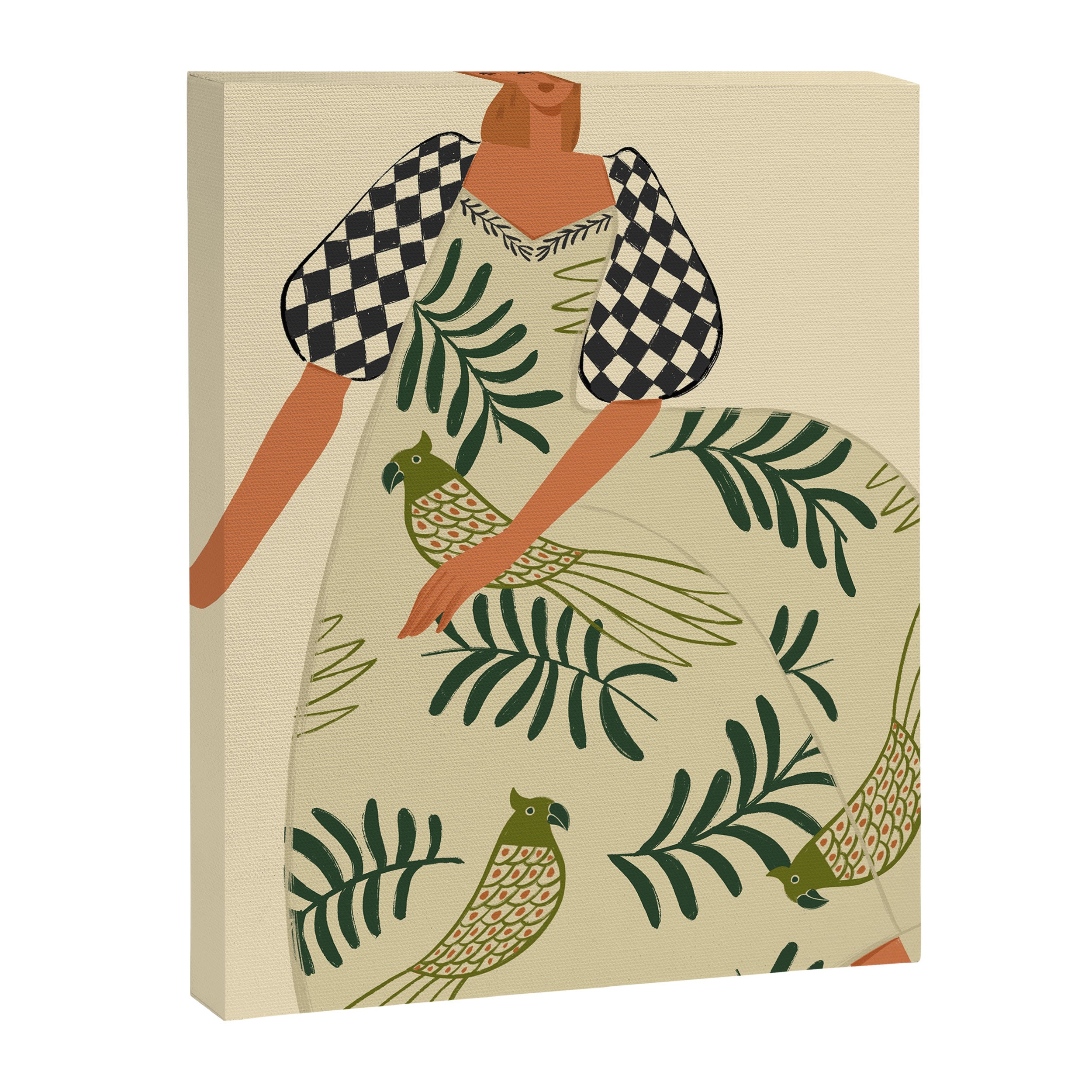 a girl in a dress with parrots Canvas Print Gallery Image 6