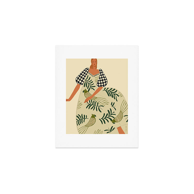 a girl in a dress with parrots Art Print Gallery Image 1