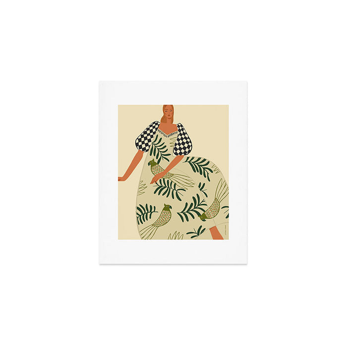a girl in a dress with parrots Art Print Gallery Image 1