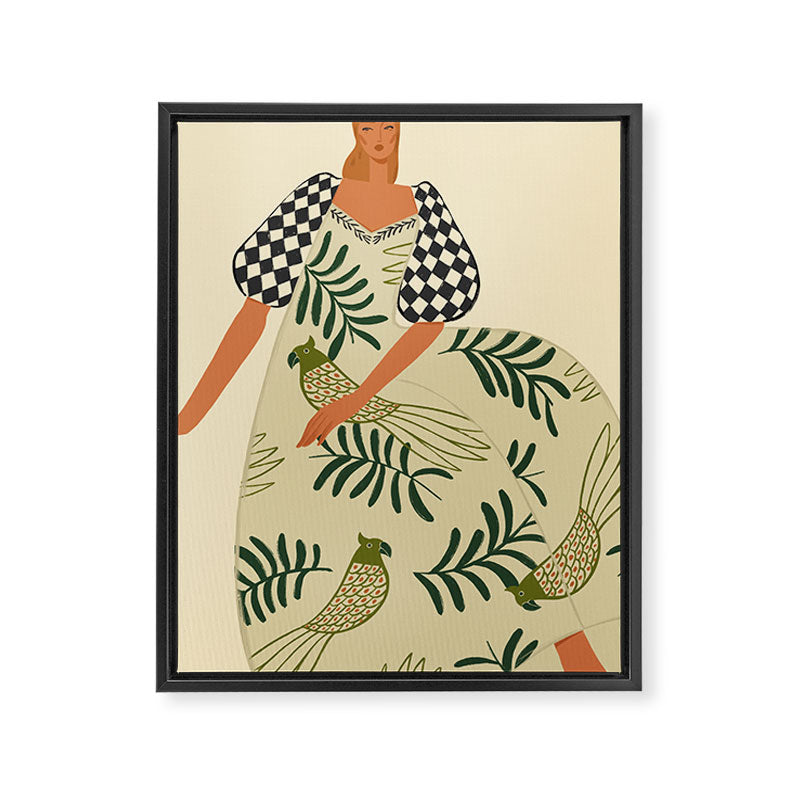 a girl in a dress with parrots Framed Canvas Print Gallery Image 6
