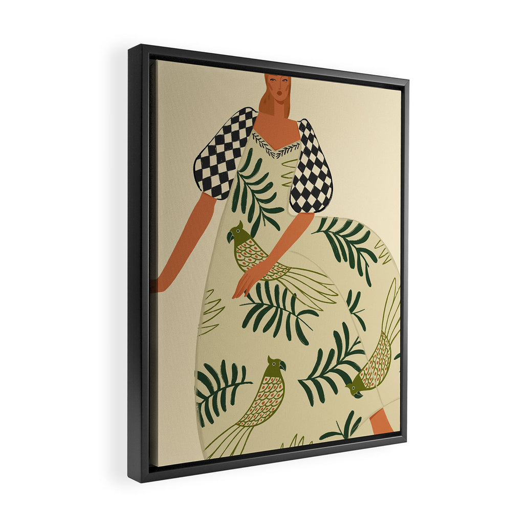 a girl in a dress with parrots Framed Canvas Print Gallery Image 2
