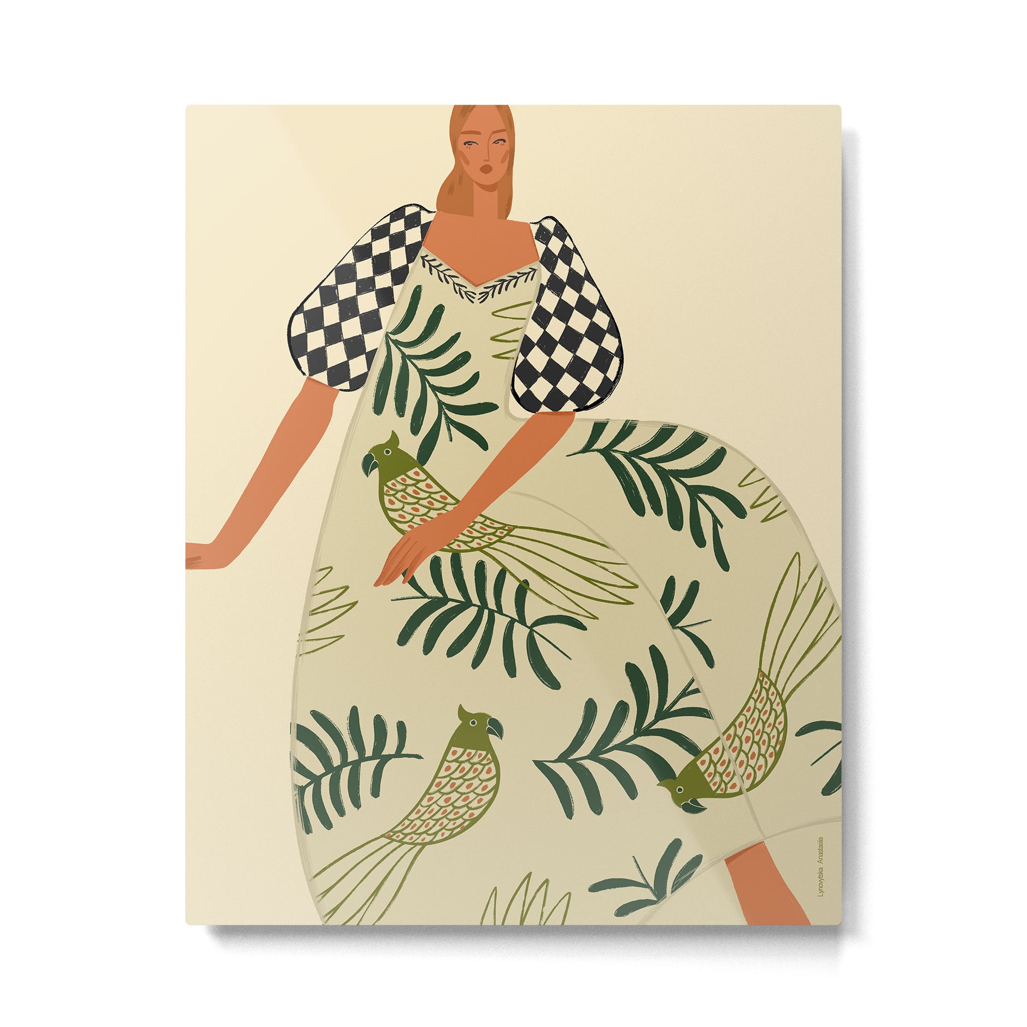 a girl in a dress with parrots Metal Print Gallery Image 4