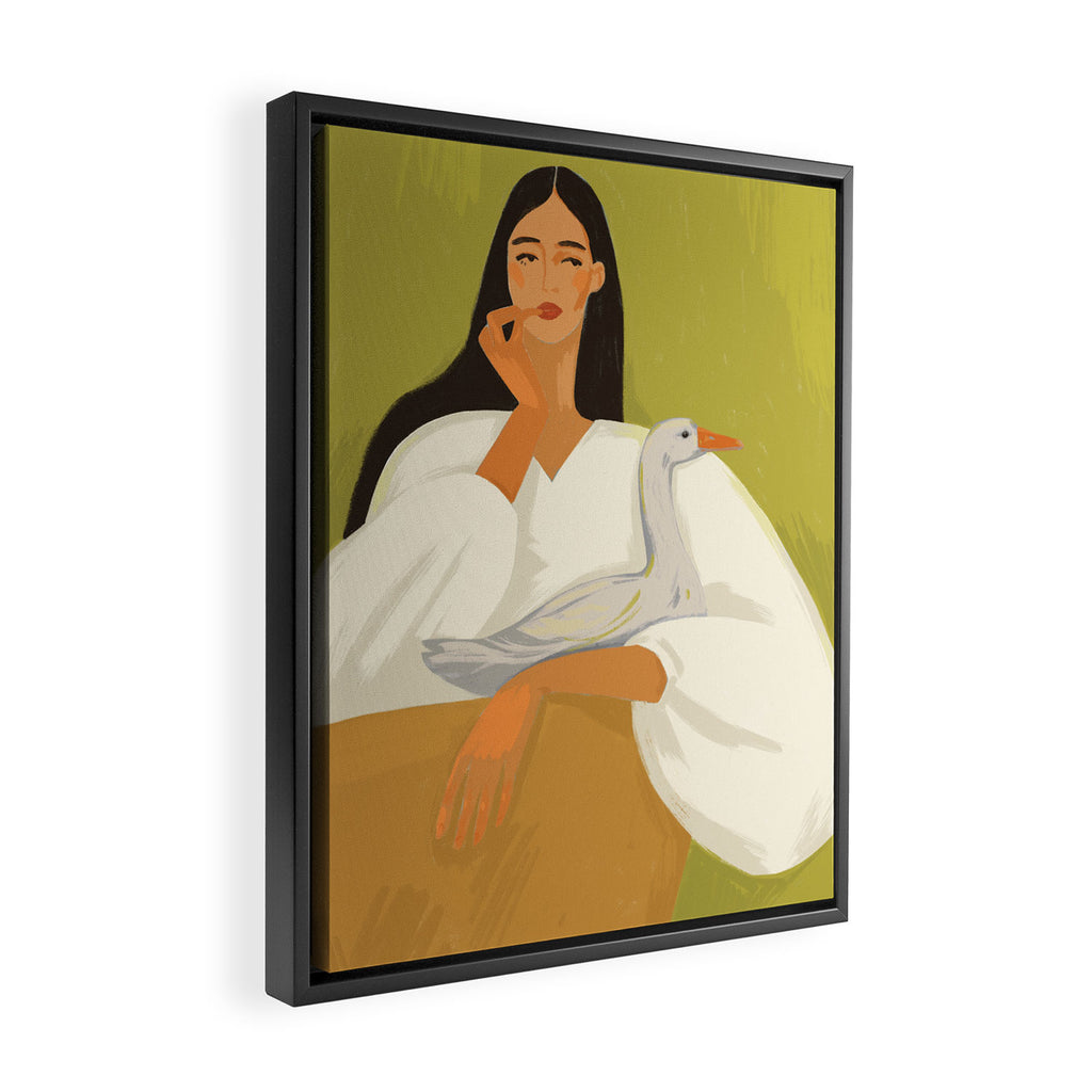 a girl with a basket and a goose Framed Canvas Print Gallery Image 2