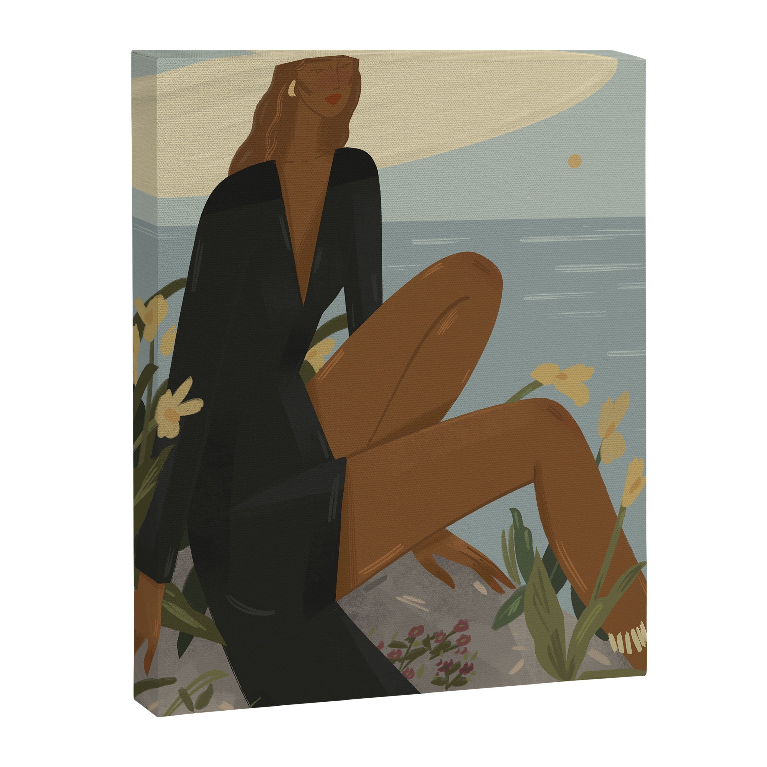 a woman in a black dress on the seashore Canvas Print Gallery Image 6