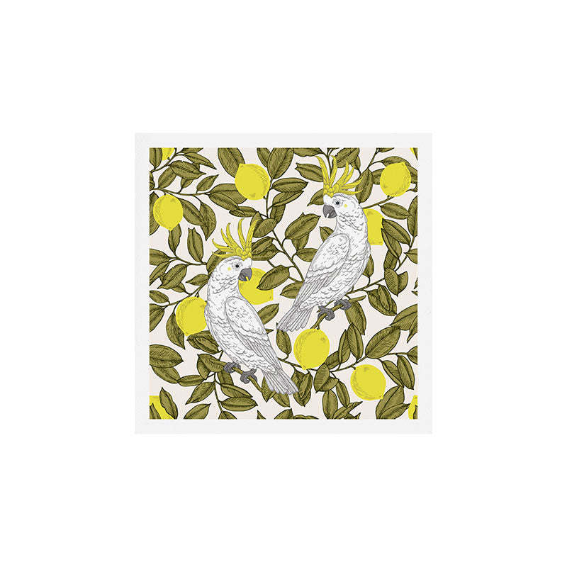 animalistic seamless pattern with cockatoos and lemons Art Print Gallery Image 1