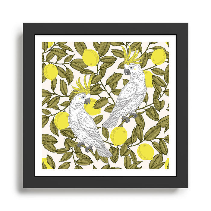 animalistic seamless pattern with cockatoos and lemons Framed Art Print Gallery Image 1