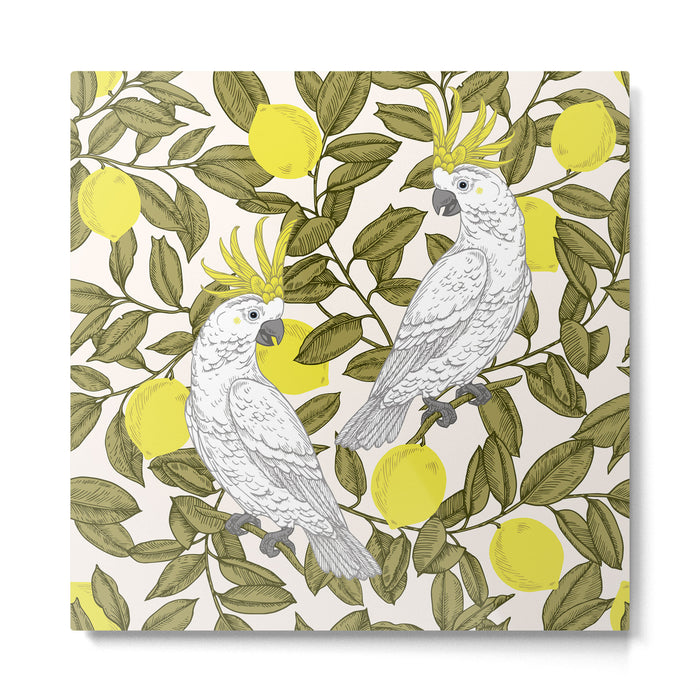 animalistic seamless pattern with cockatoos and lemons Metal Print Gallery Image 1