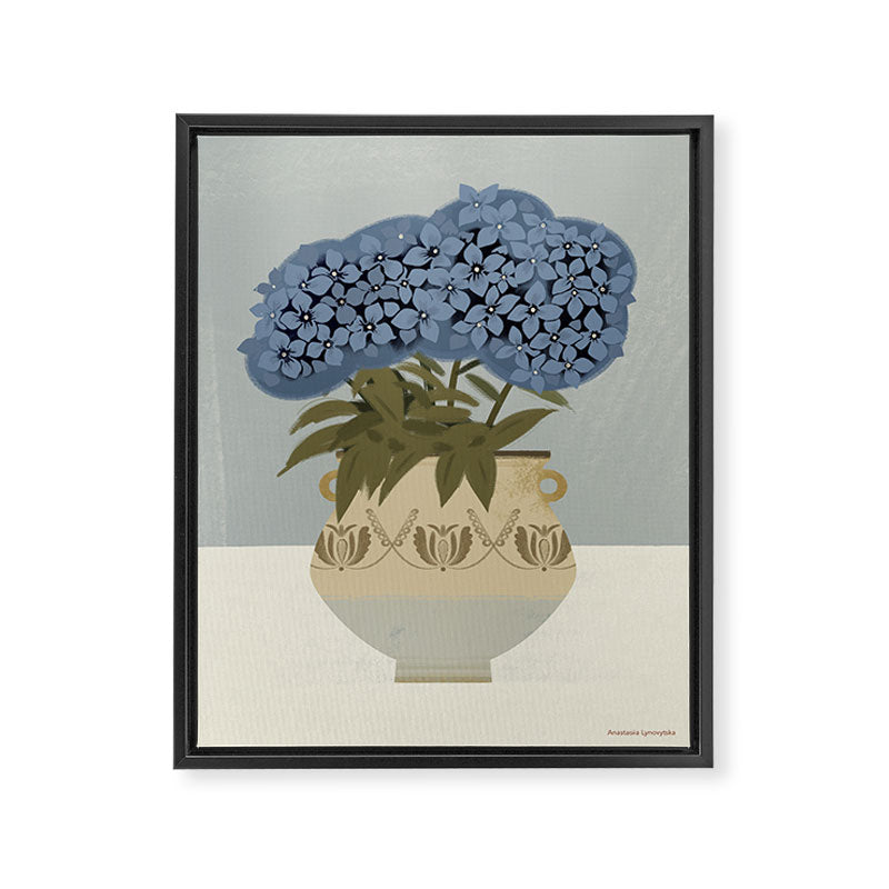 bouquet of lush blue hydrangeas in a vase on a blue background Framed Canvas Print Gallery Image 6