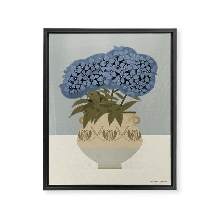 bouquet of lush blue hydrangeas in a vase on a blue background Framed Canvas Print Gallery Image 1