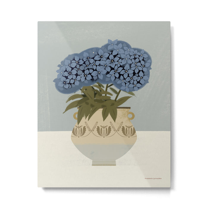 bouquet of lush blue hydrangeas in a vase on a blue background Metal Print Gallery Image 1