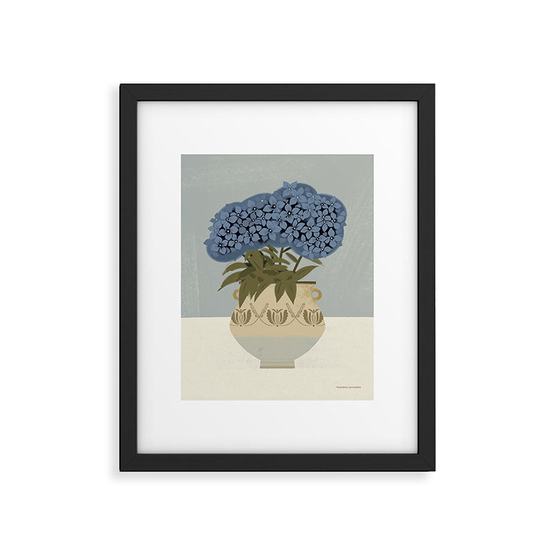 bouquet of lush blue hydrangeas in a vase on a blue background Framed Art Print Gallery Image 5