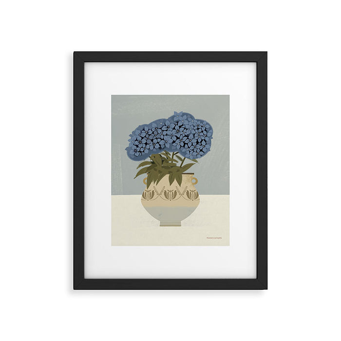 bouquet of lush blue hydrangeas in a vase on a blue background Framed Art Print Gallery Image 1