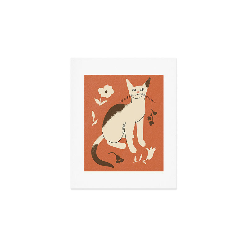 Cute white cat with a flower on a red background Art Print Gallery Image 1