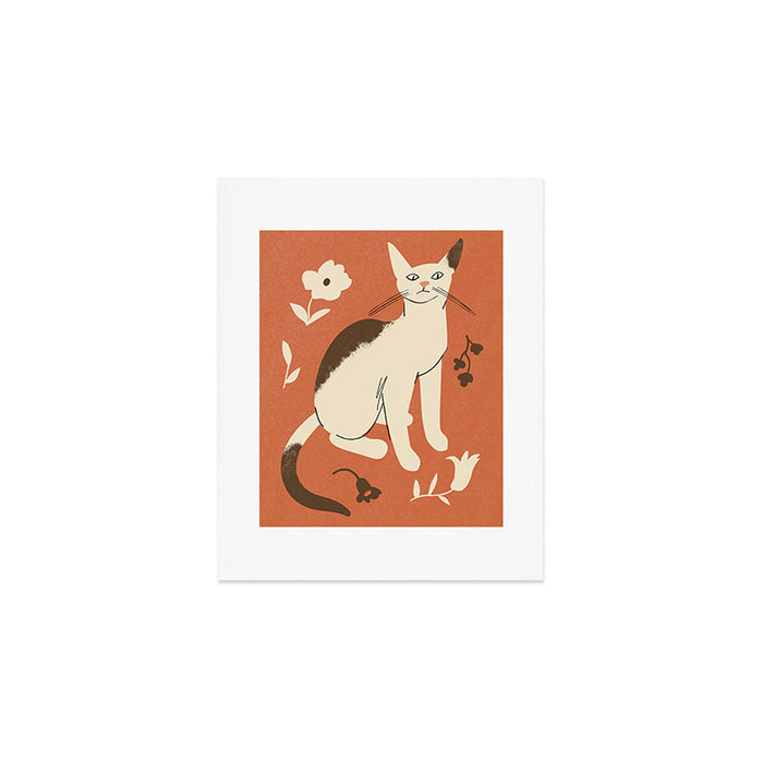 Cute white cat with a flower on a red background Art Print Gallery Image 1