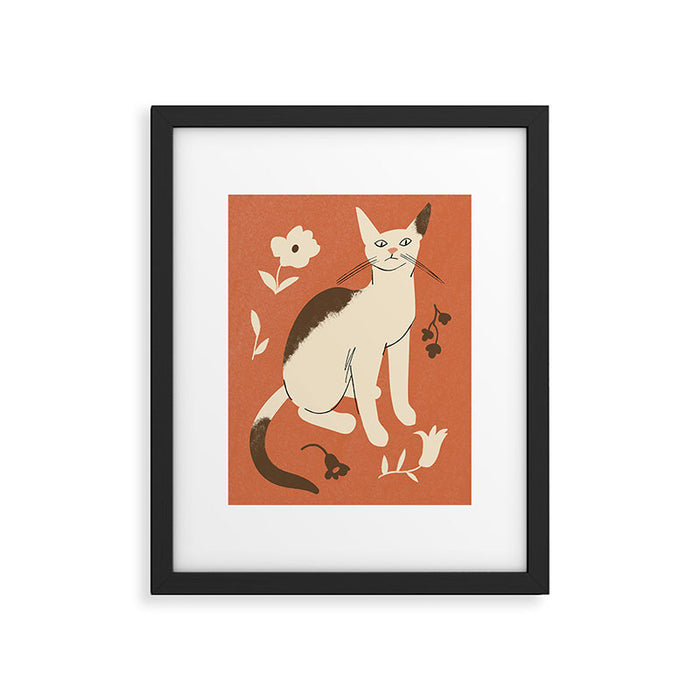 Cute white cat with a flower on a red background Framed Art Print Gallery Image 1
