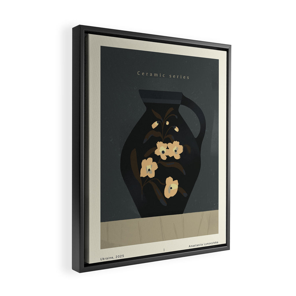  dark blue ceramic pot with floral ornament on a blue background Framed Canvas Print Gallery Image 2