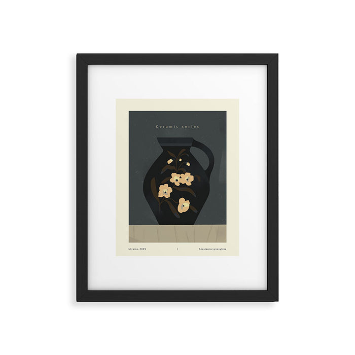  dark blue ceramic pot with floral ornament on a blue background Framed Art Print Gallery Image 1