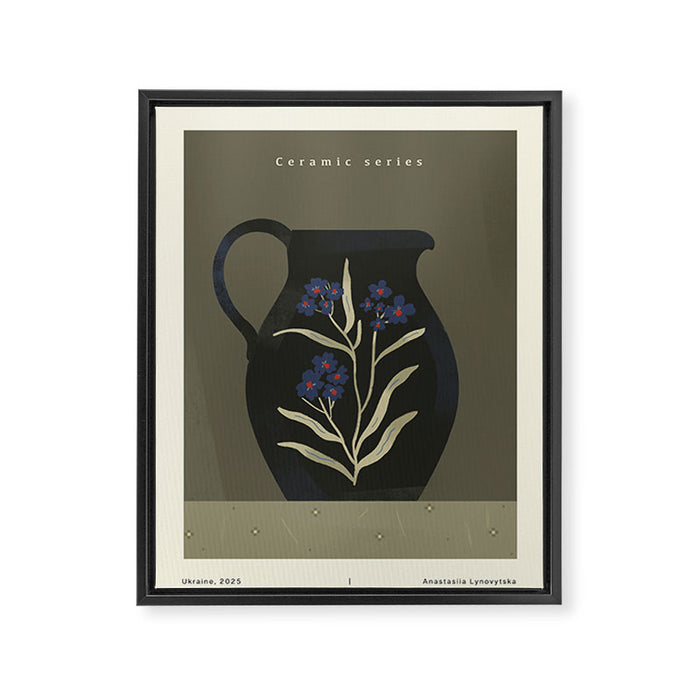 dark green ceramic jug with floral ornament on green background Framed Canvas Print Gallery Image 1