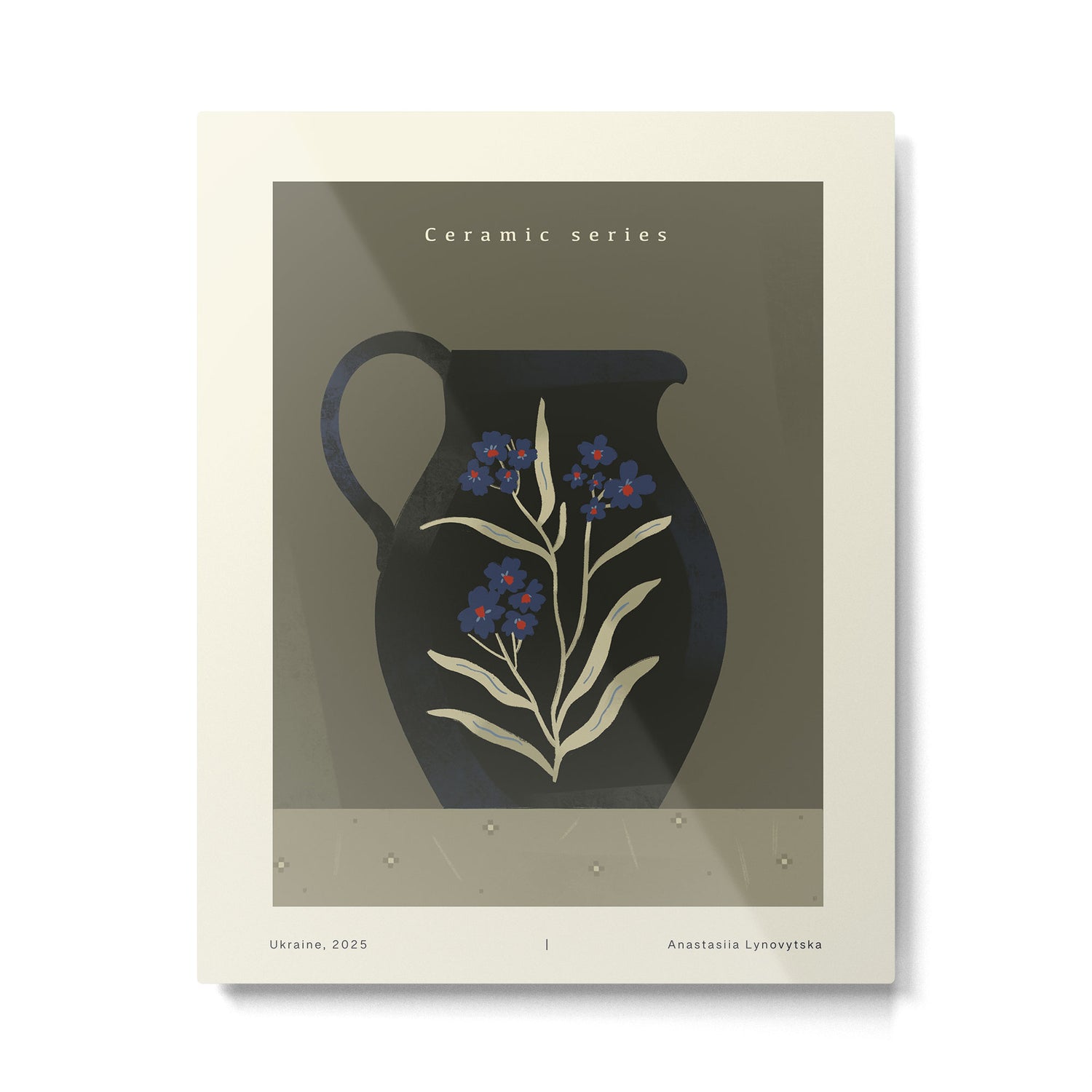 dark green ceramic jug with floral ornament on green background Metal Print Gallery Image 4