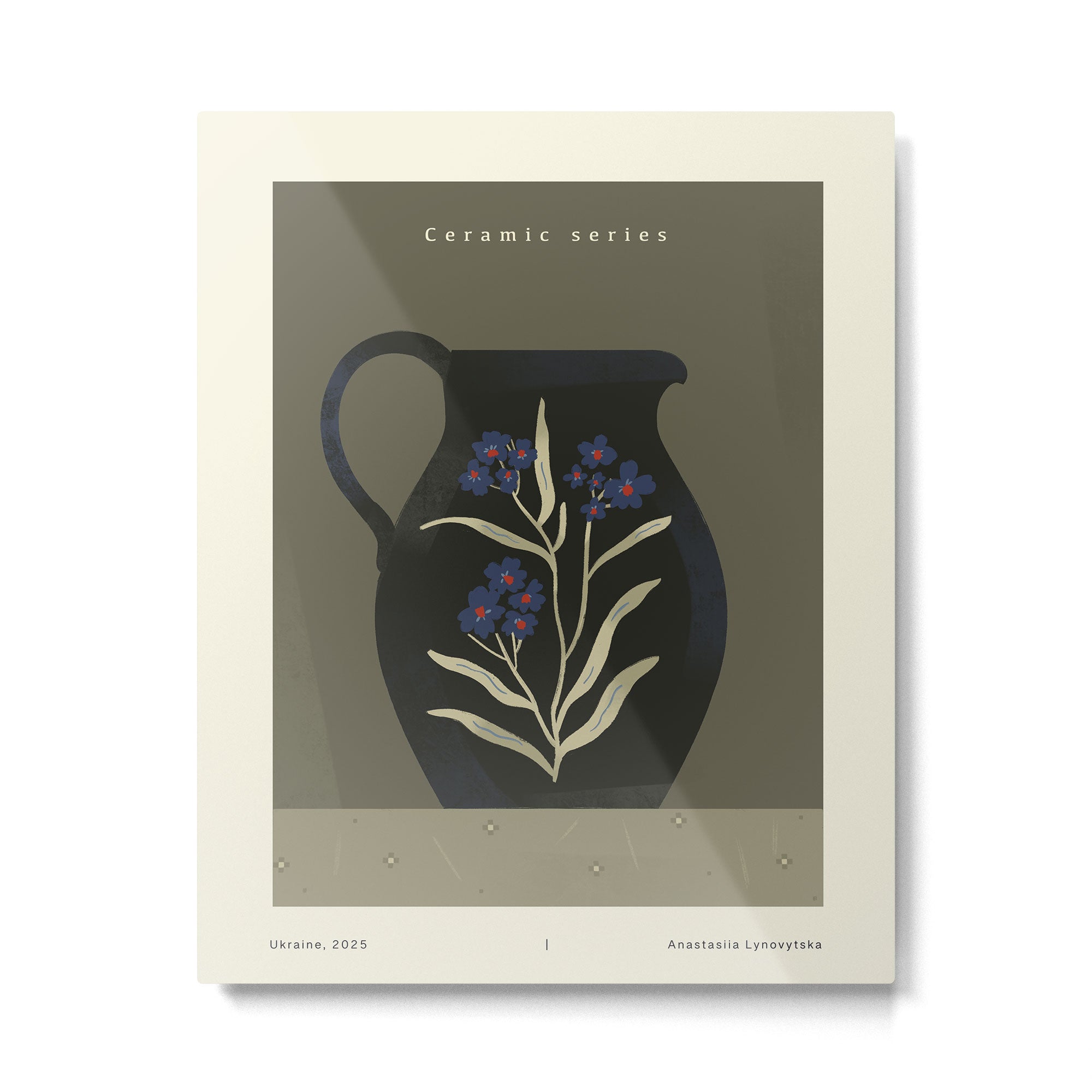 dark green ceramic jug with floral ornament on green background Metal Print Gallery Image 4