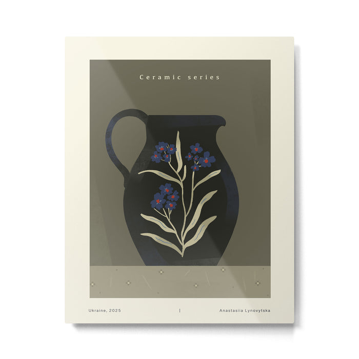 dark green ceramic jug with floral ornament on green background Metal Print Gallery Image 1