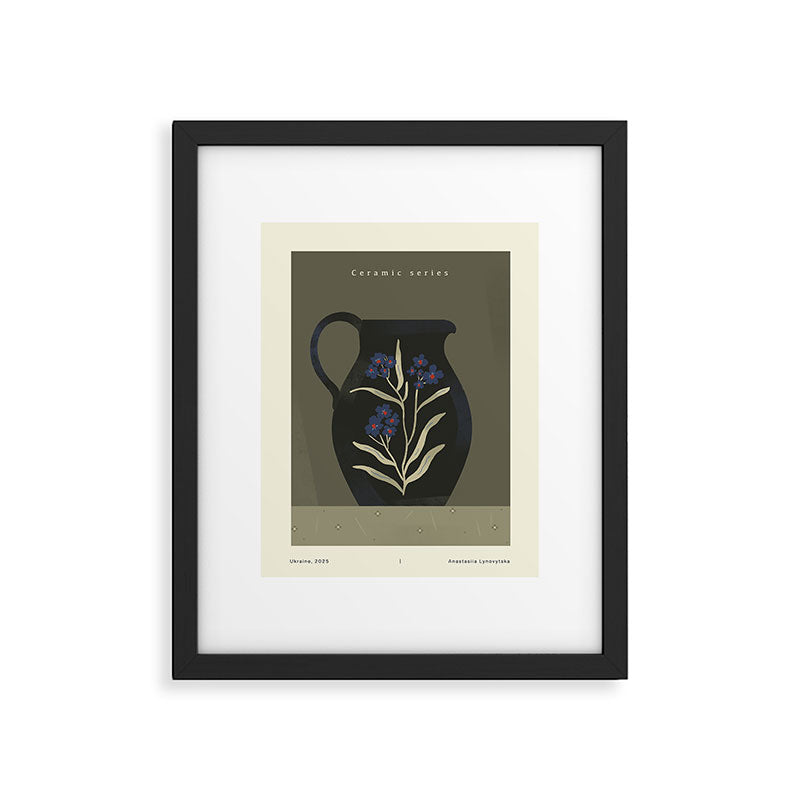 dark green ceramic jug with floral ornament on green background Framed Art Print Gallery Image 5