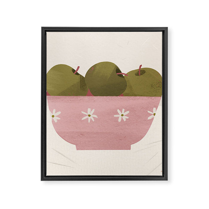  graphic illustration of green apples in a pink bowl Framed Canvas Print Gallery Image 1