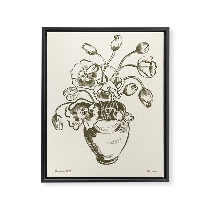  graphic monochrome bouquet of poppies flowers in a pot Framed Canvas Print Gallery Image 1