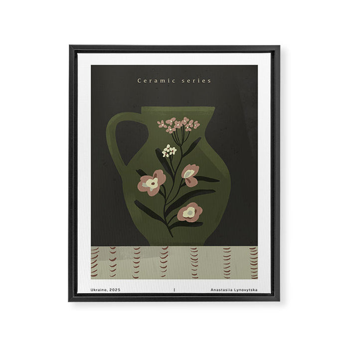 green jug with floral pink ornament  Framed Canvas Print Gallery Image 1