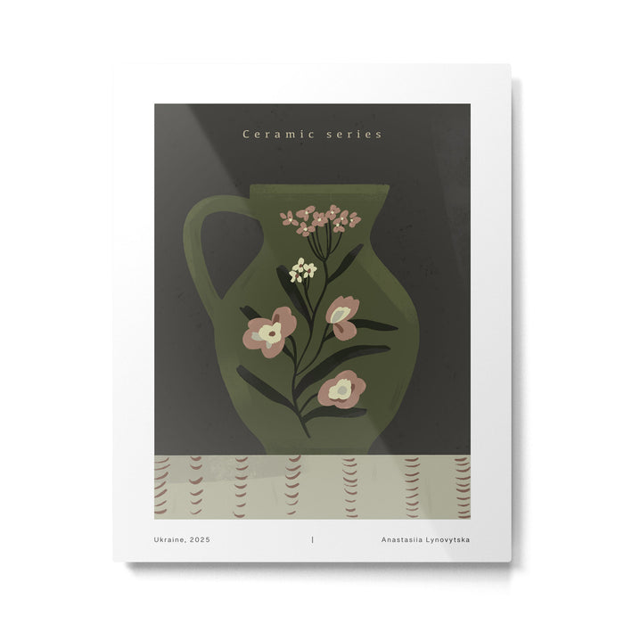 green jug with floral pink ornament  Metal Print Gallery Image 1