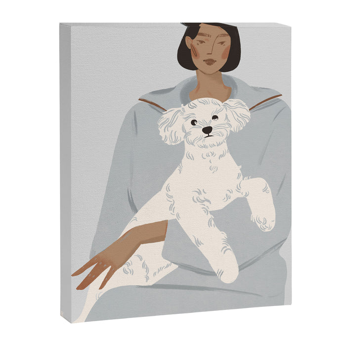 illustration of a girl in a blue suit with a white bichon frise dog Canvas Print Gallery Image 1